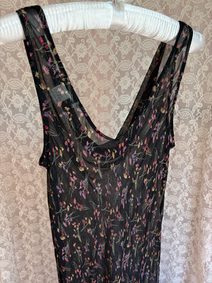 1990s Black Silk Chiffon Floral Print Bias Cut Dress