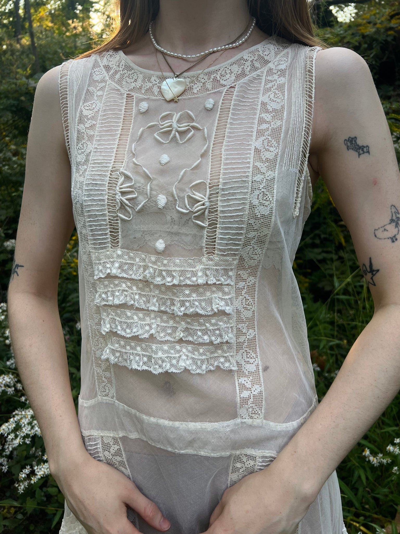 1920s Cream Filet Lace Embroidered Net Mesh Rose Floral Bows Wedding Dress