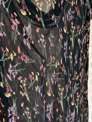 1990s Black Silk Chiffon Floral Print Bias Cut Dress