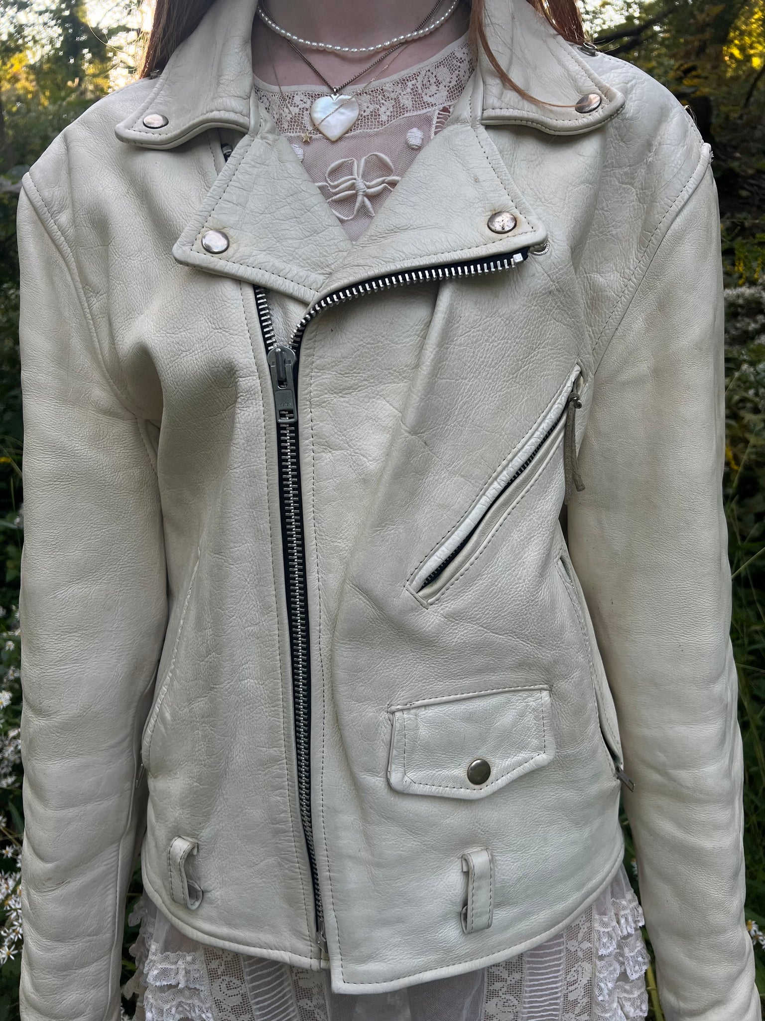 1990s White Leather Jacket Motorcycle Moto Coat