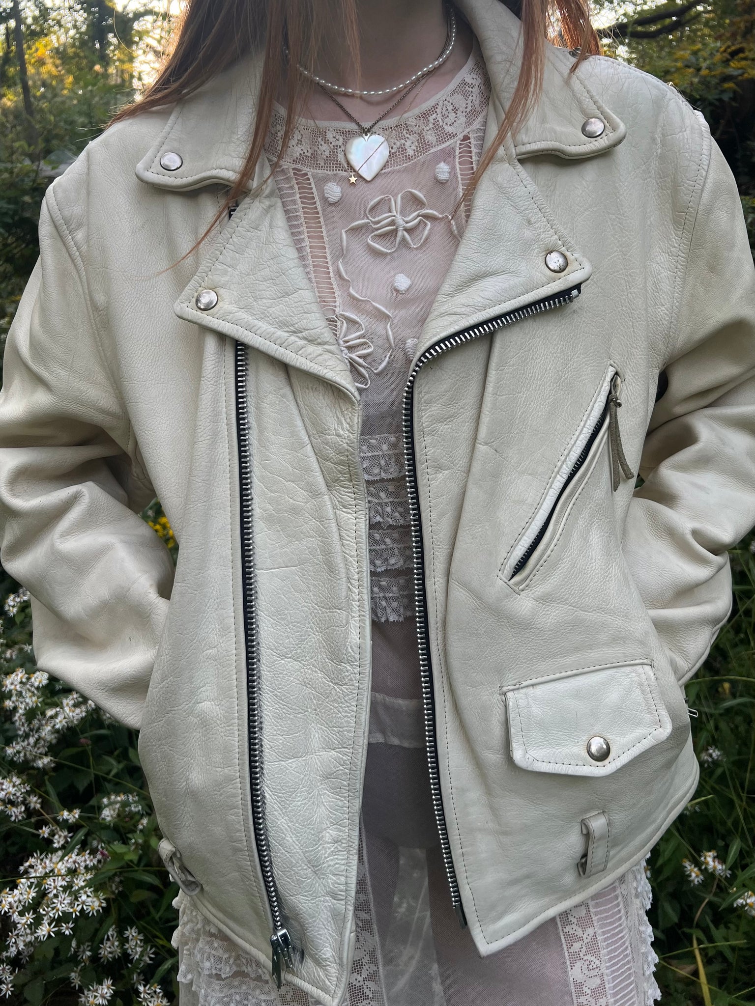 1990s White Leather Jacket Motorcycle Moto Coat