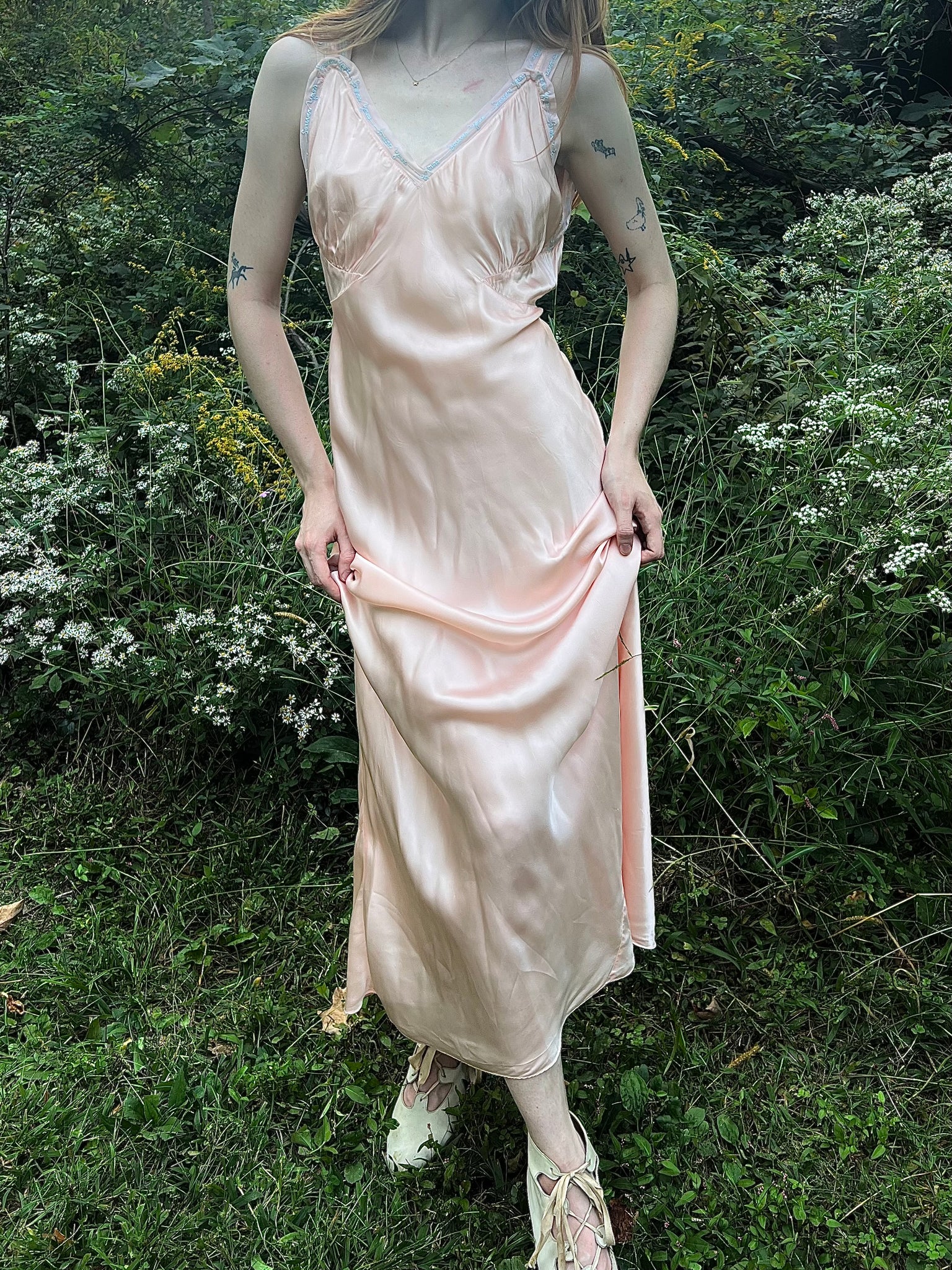 1940s “Forever Yours” Embroidered Pink Rayon Satin Bias Cut Slip Dress