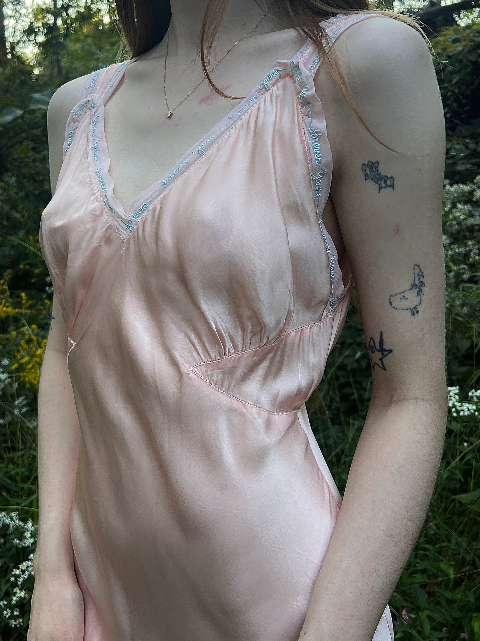 1940s “Forever Yours” Embroidered Pink Rayon Satin Bias Cut Slip Dress