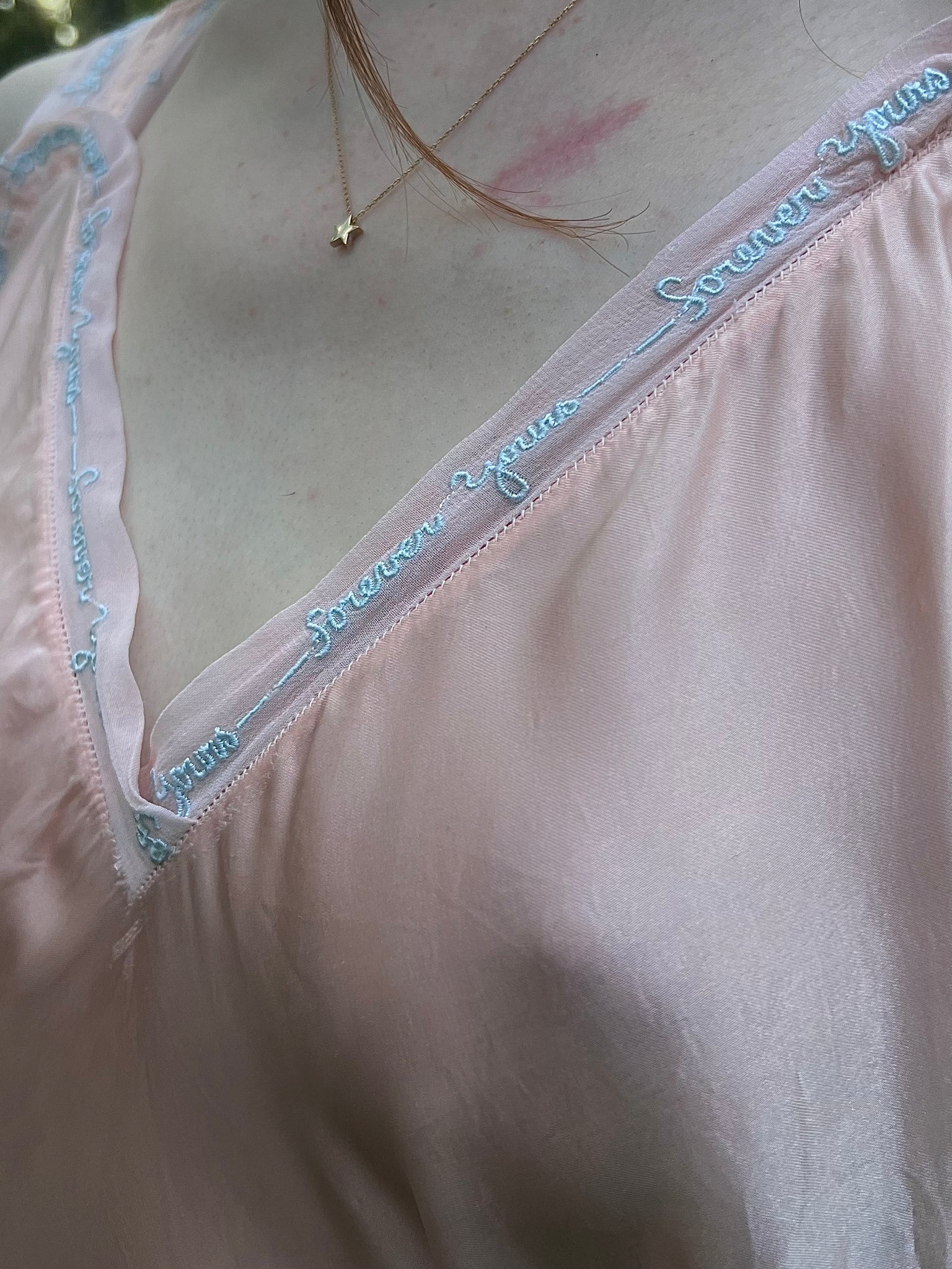 1940s “Forever Yours” Embroidered Pink Rayon Satin Bias Cut Slip Dress