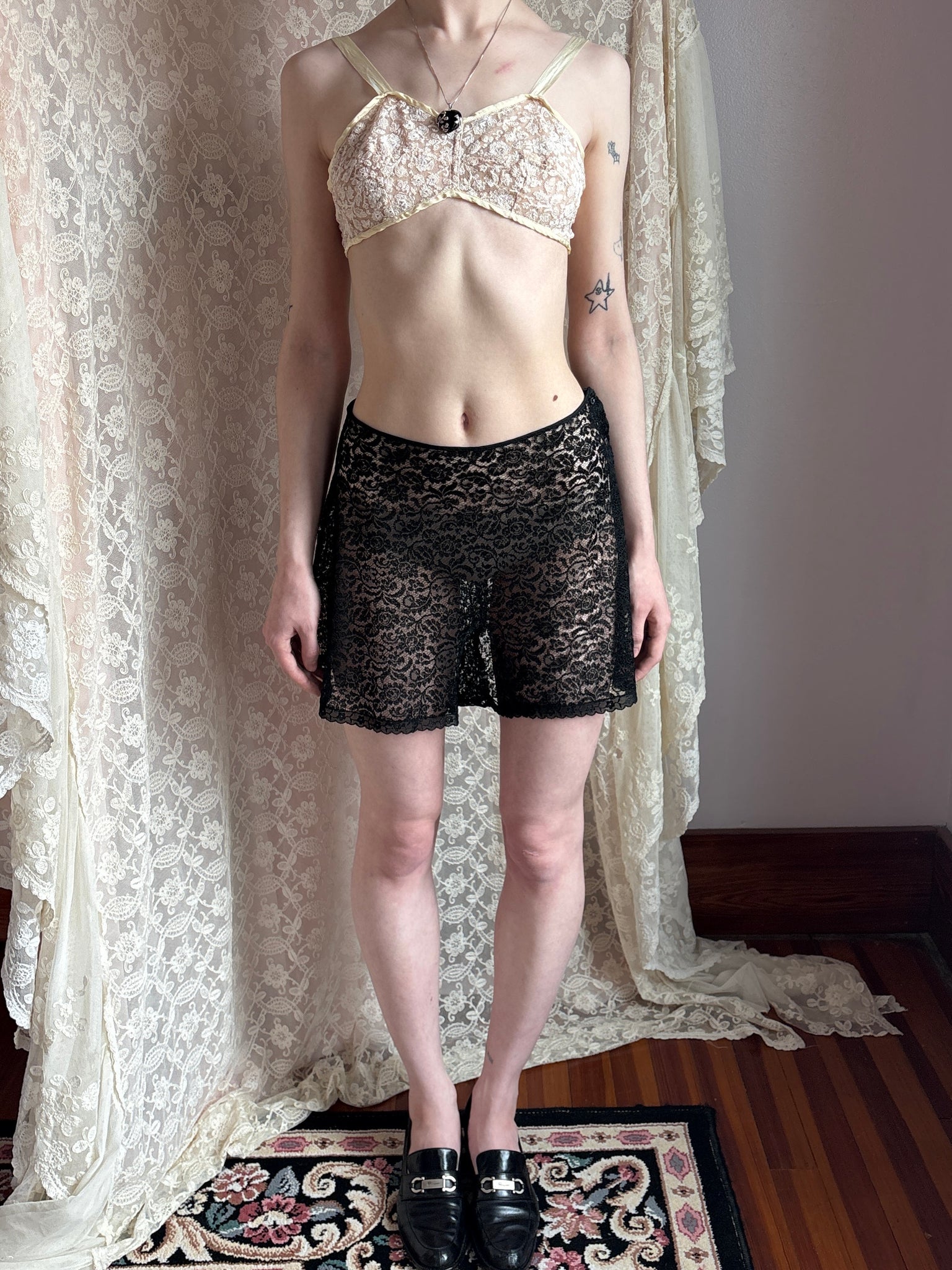 1930s Black Lace Tap Shorts Floral