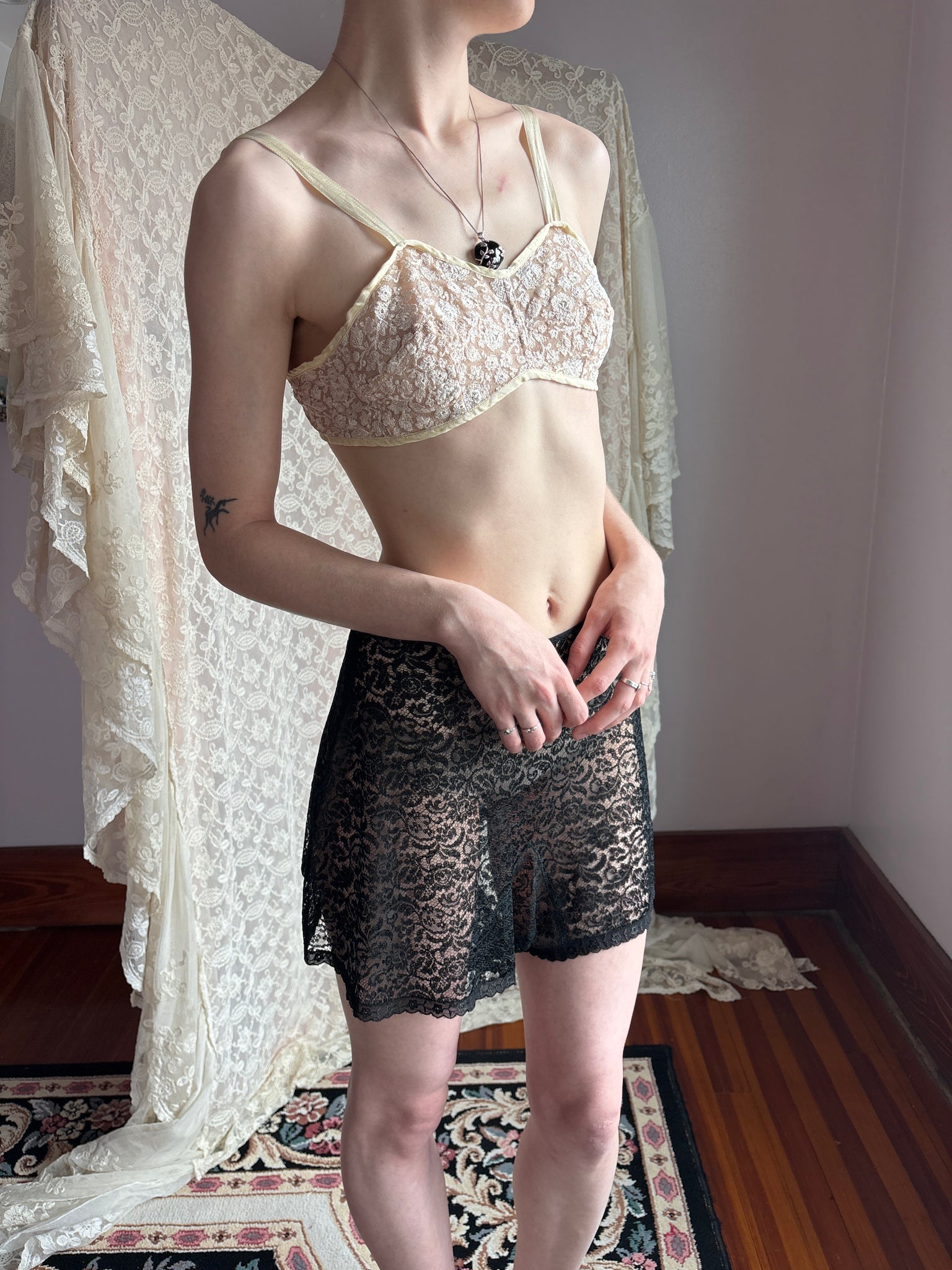 1930s Cream Mesh Floral Tambour Lace Bra Bralette Ribbon