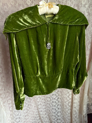 1930s Green Silk Velvet Long Sleeve Blouse Top Rhinestone