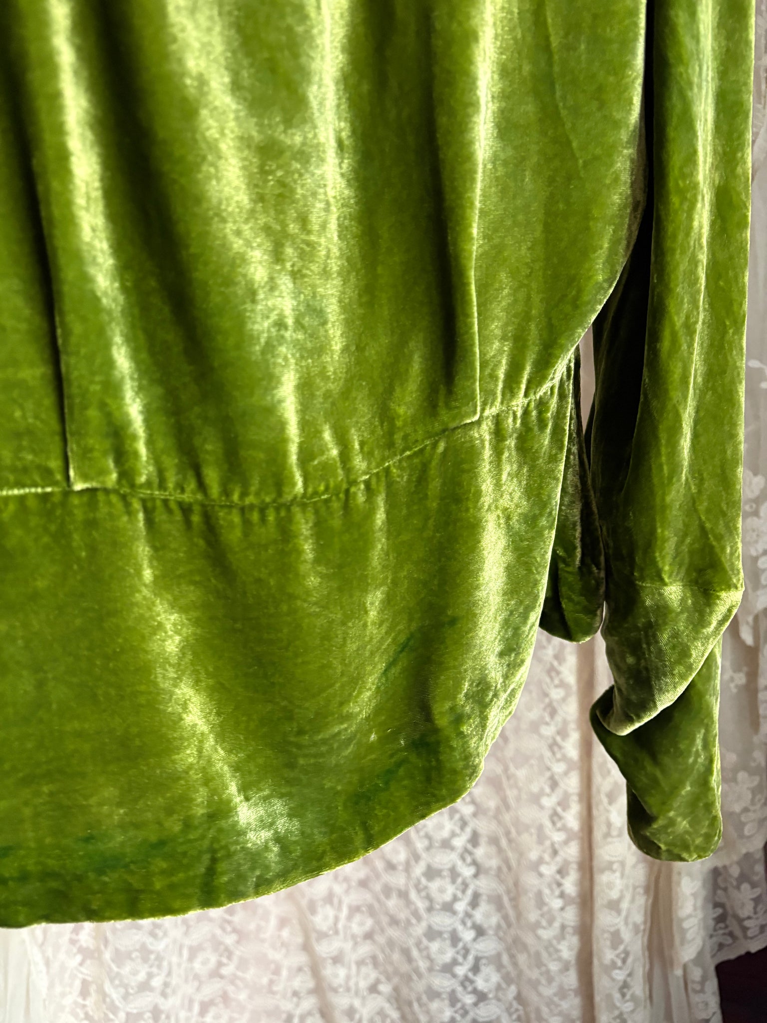 1930s Green Silk Velvet Long Sleeve Blouse Top Rhinestone