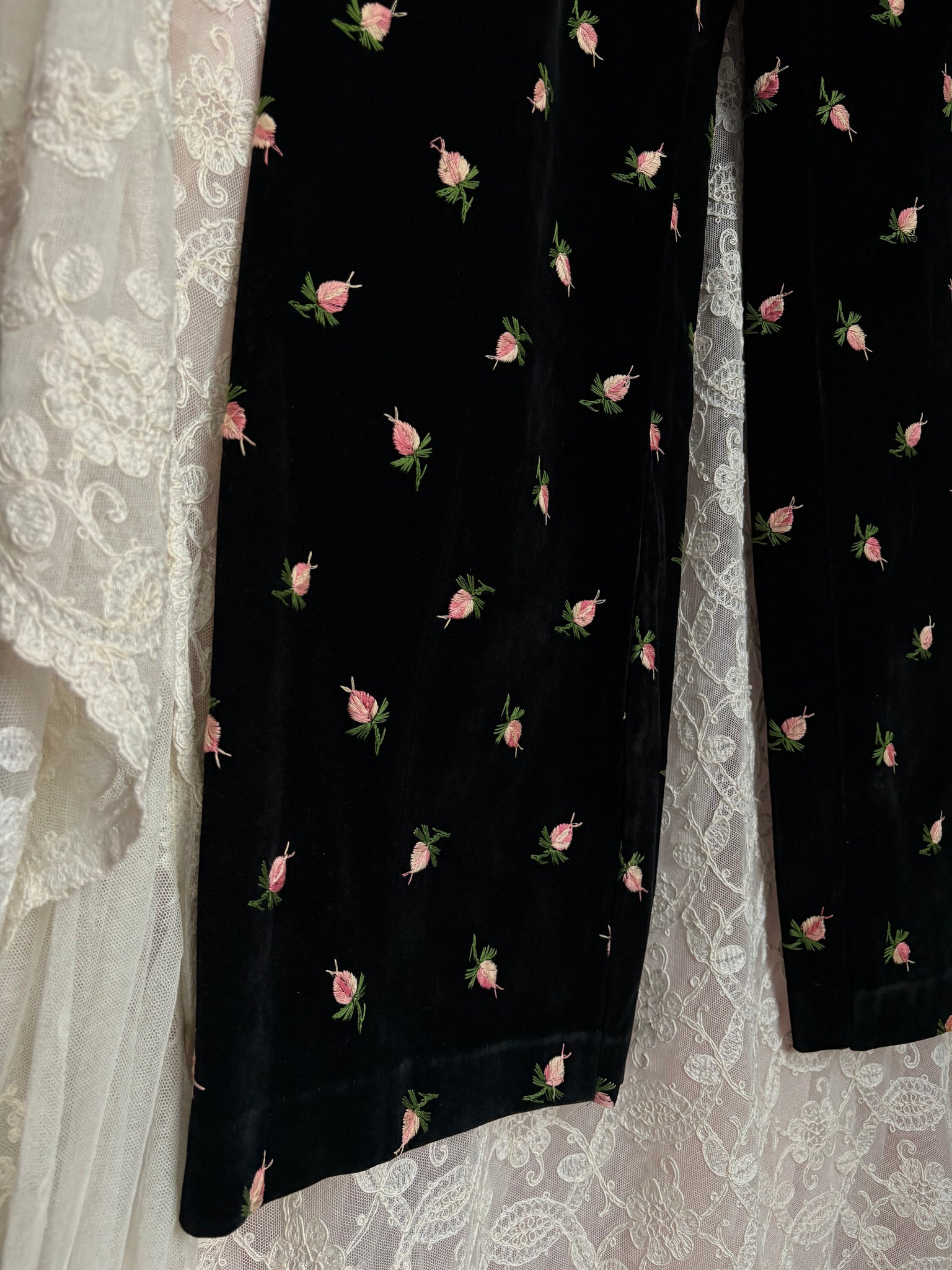 1970s Black Velvet Rose Embroidered Floral Pink Shorts Vest Pants Suit Set Three Piece