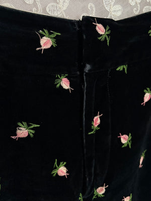 1970s Black Velvet Rose Embroidered Floral Pink Shorts Vest Pants Suit Set Three Piece