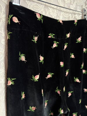 1970s Black Velvet Rose Embroidered Floral Pink Shorts Vest Pants Suit Set Three Piece