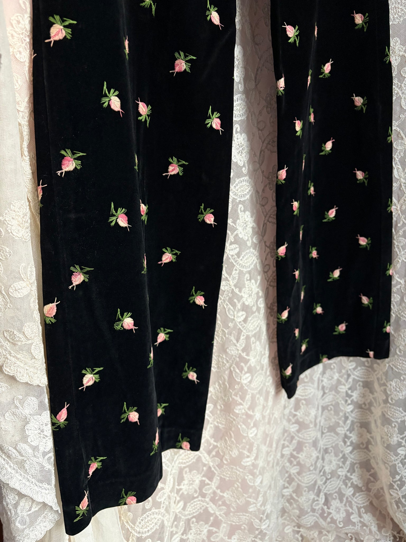 1970s Black Velvet Rose Embroidered Floral Pink Shorts Vest Pants Suit Set Three Piece