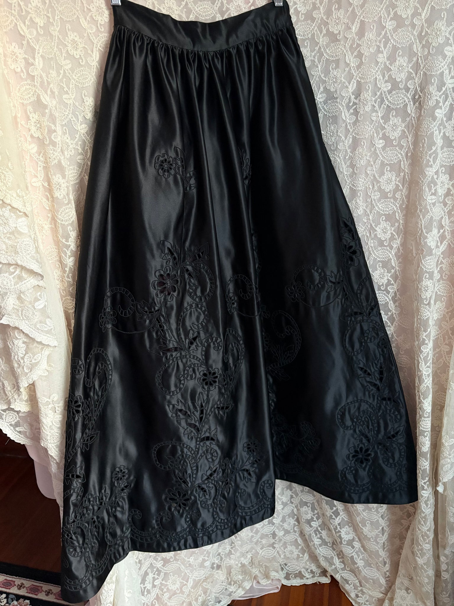 1980s Black Satin Floral Cut Out Skirt Full Length