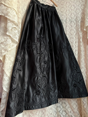 1980s Black Satin Floral Cut Out Skirt Full Length