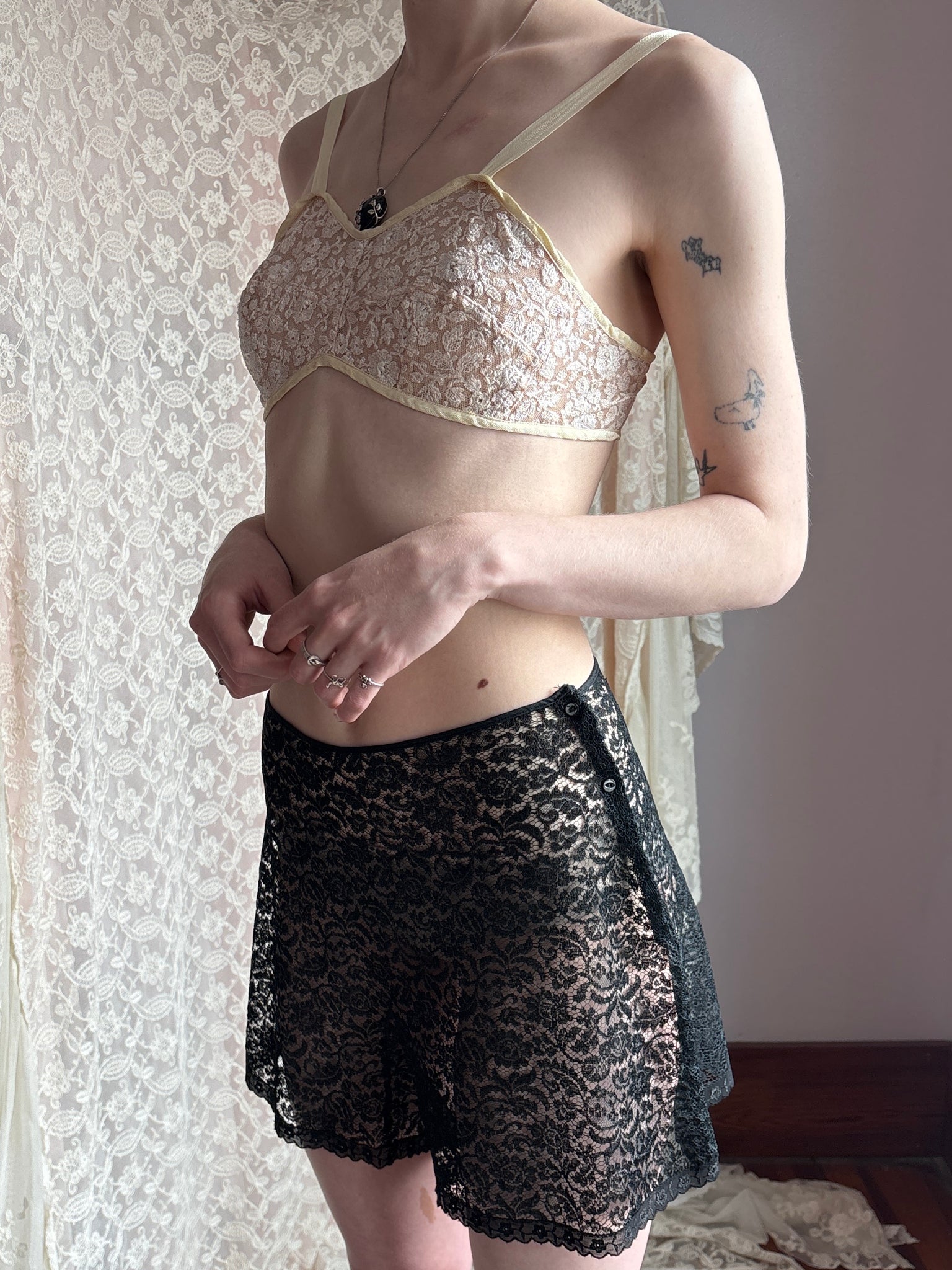 1930s Black Lace Tap Shorts Floral