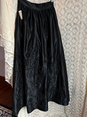 1980s Black Satin Floral Cut Out Skirt Full Length