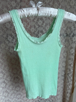 1970s Light Mint Green Lace Trim Tank Top