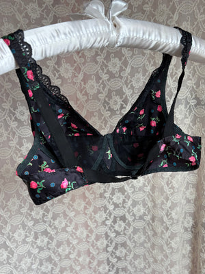 1950s Black Pink Satin Floral Bullet Bra Lace Trim