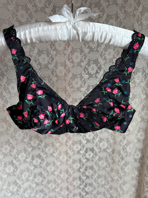 1950s Black Pink Satin Floral Bullet Bra Lace Trim