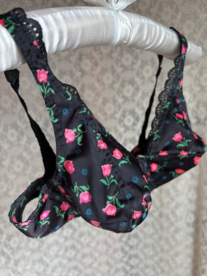 1950s Black Pink Satin Floral Bullet Bra Lace Trim