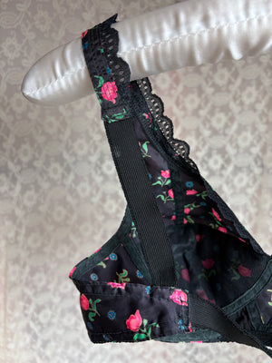 1950s Black Pink Satin Floral Bullet Bra Lace Trim