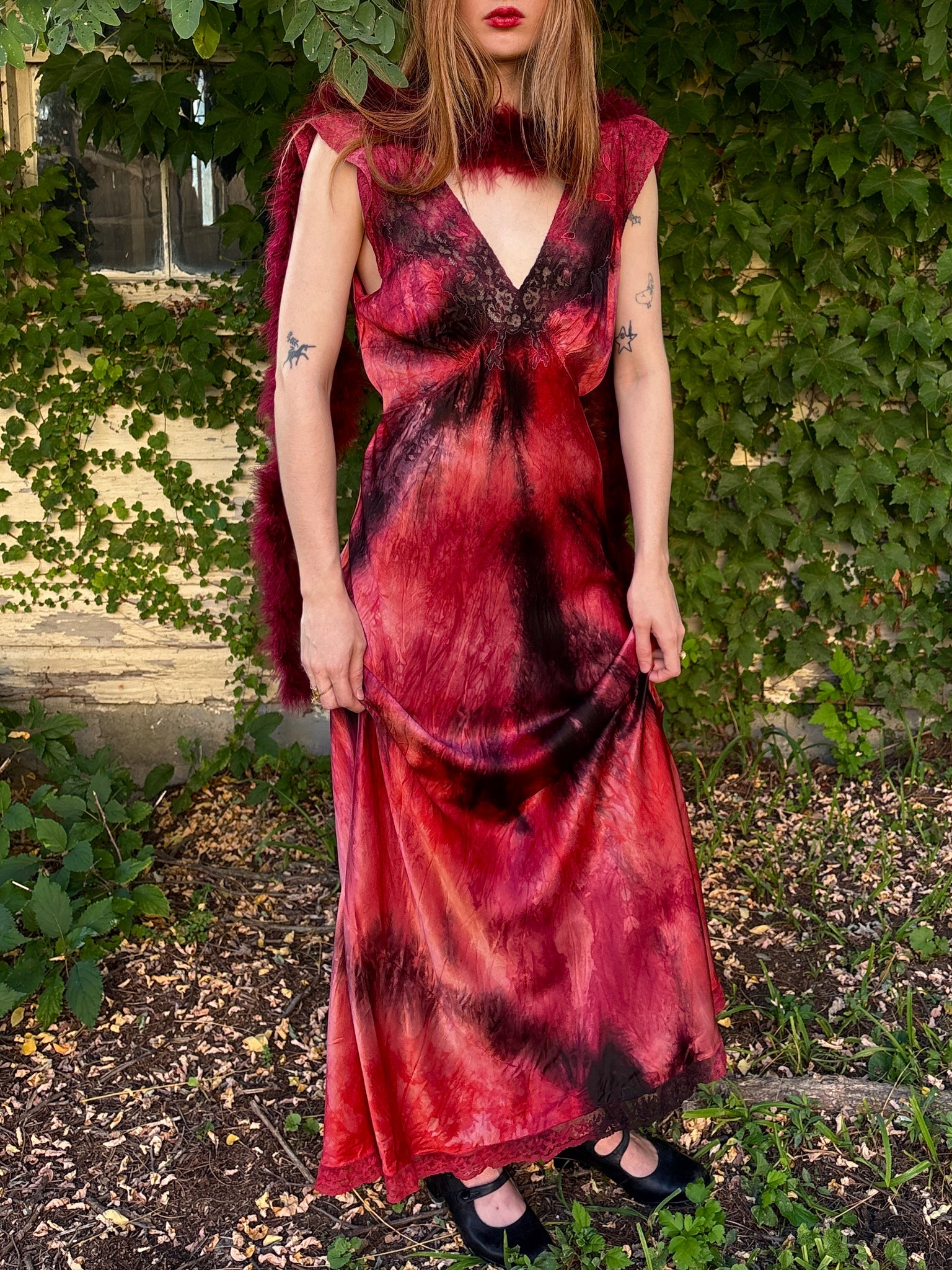 1940s Red Black Bias Cut Slip Dress Rayon Satin Tie Hand Dyed