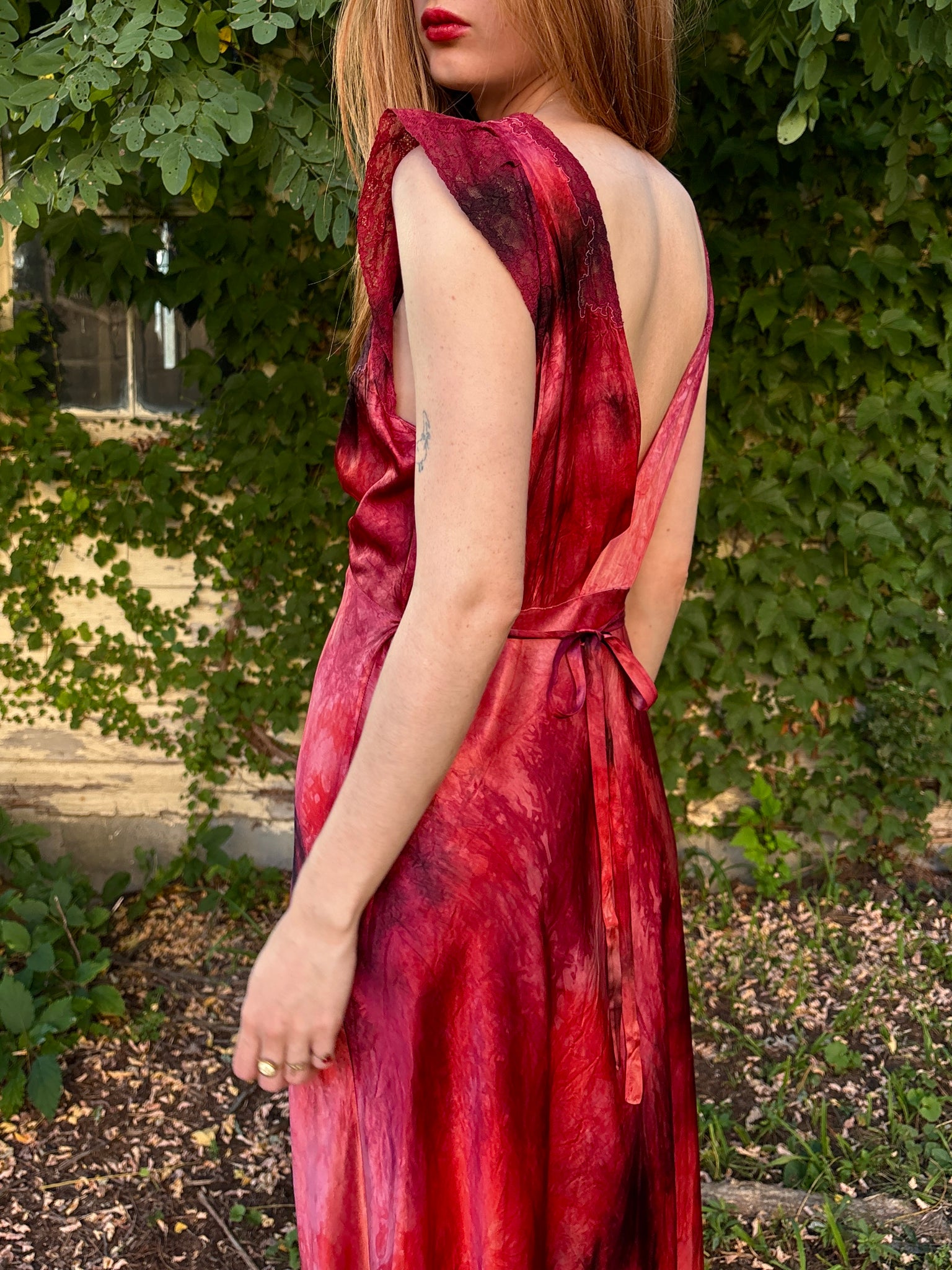 1940s Red Black Bias Cut Slip Dress Rayon Satin Tie Hand Dyed