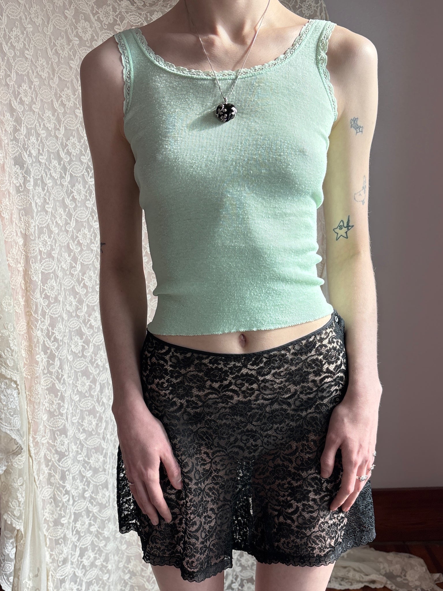 1970s Light Mint Green Lace Trim Tank Top