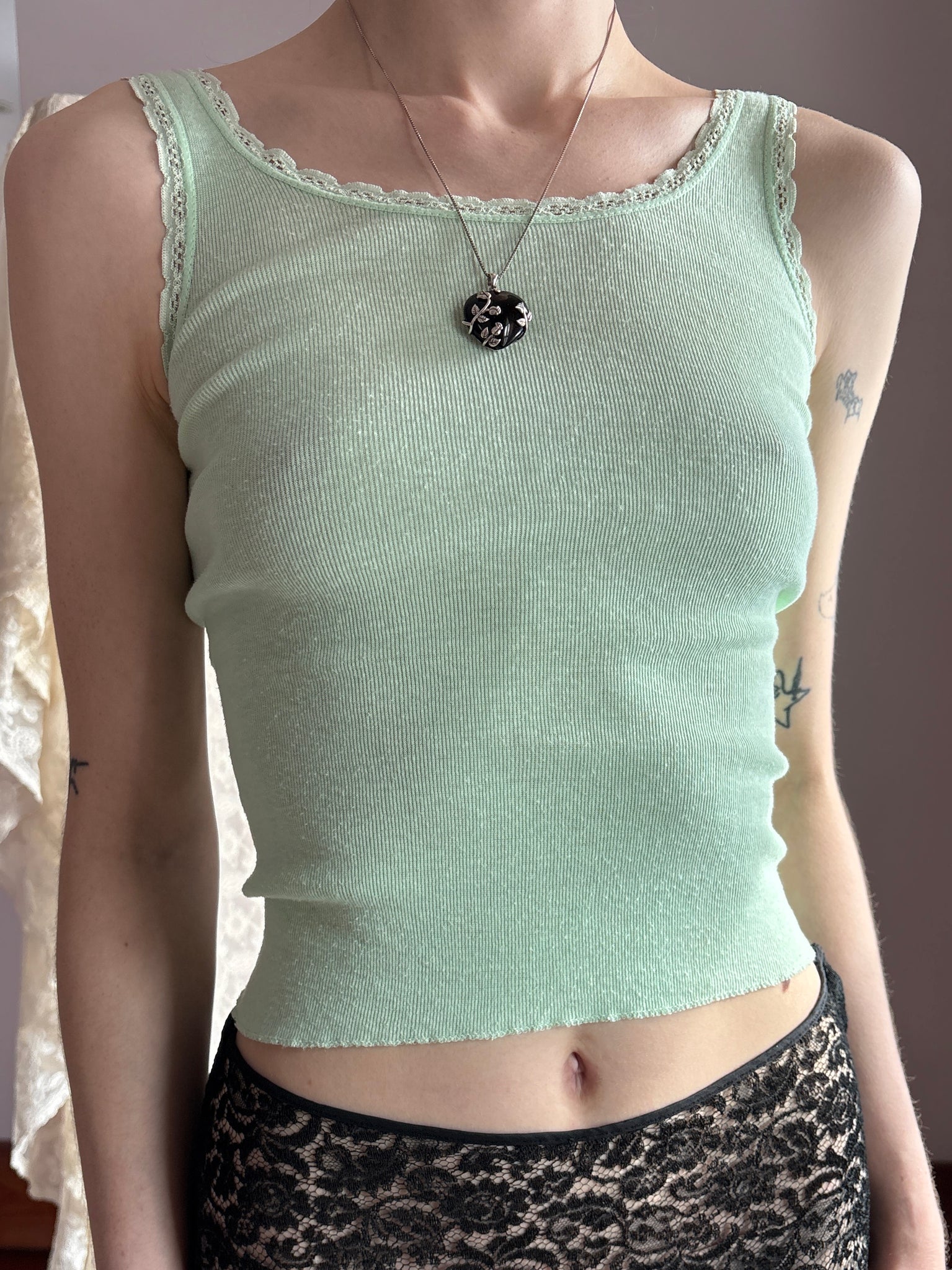 1970s Light Mint Green Lace Trim Tank Top