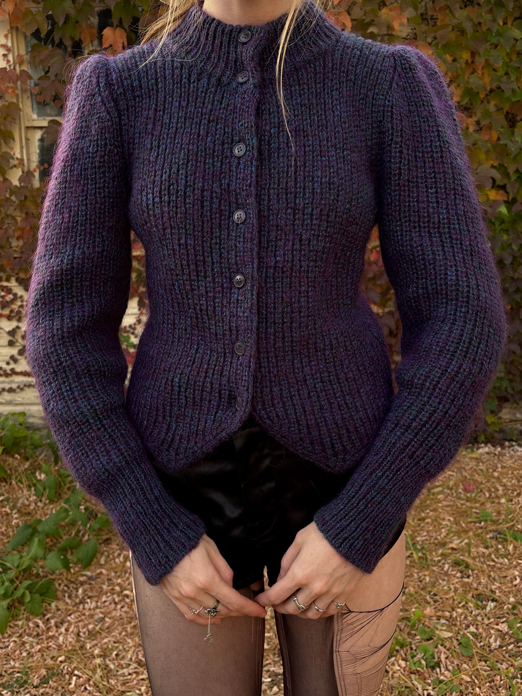 1980s Purple Blue Green Jewel Color Wool Knit Cardigan Sweater