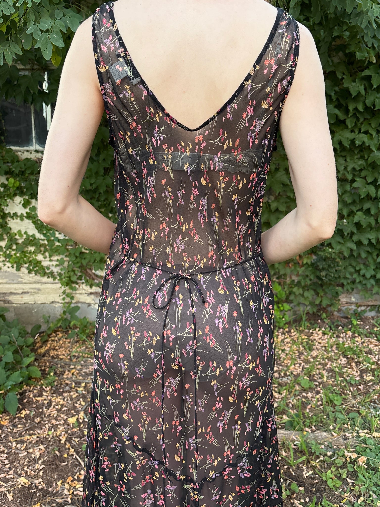 1990s Black Silk Chiffon Floral Print Bias Cut Dress