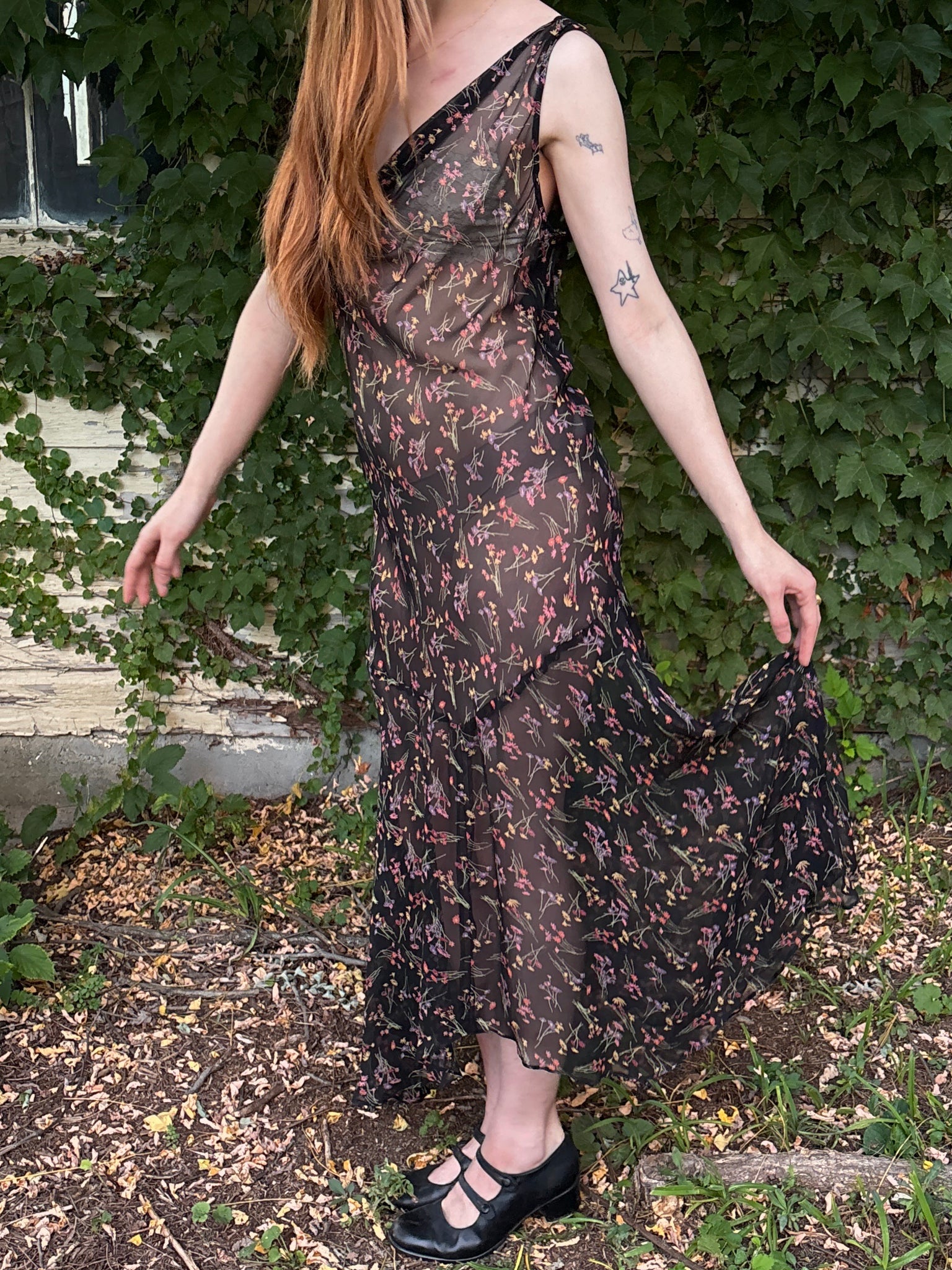 1990s Black Silk Chiffon Floral Print Bias Cut Dress