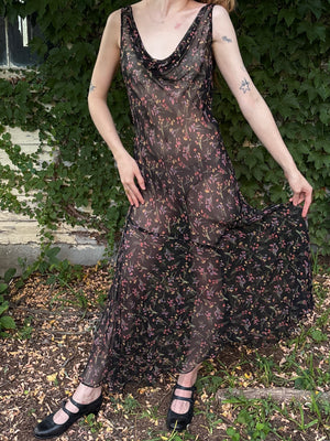 1990s Black Silk Chiffon Floral Print Bias Cut Dress