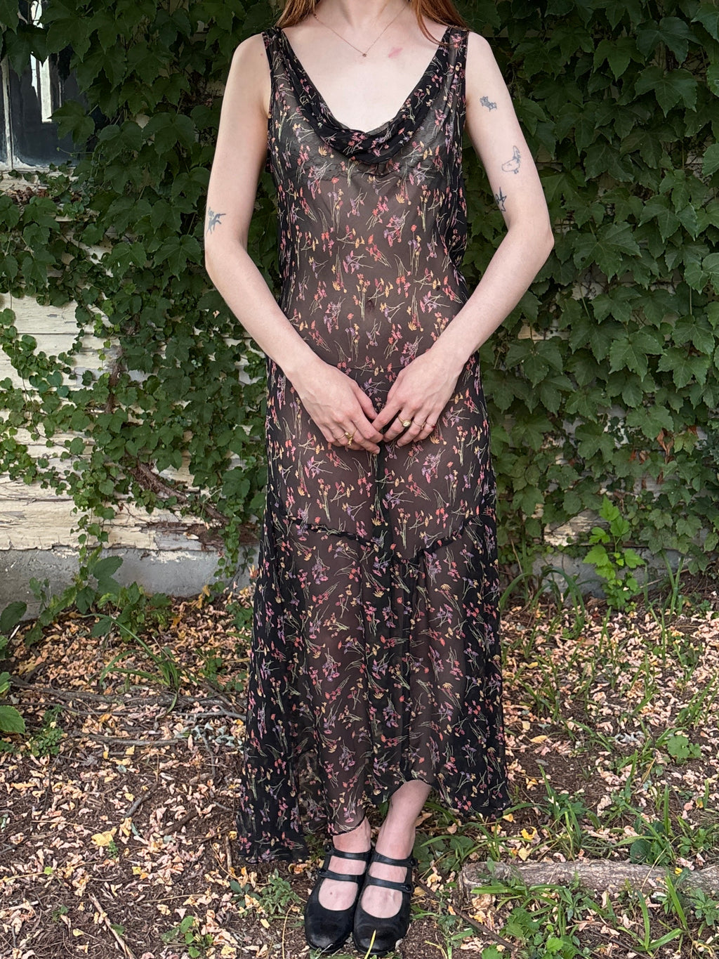 1990s Black Silk Chiffon Floral Print Bias Cut Dress