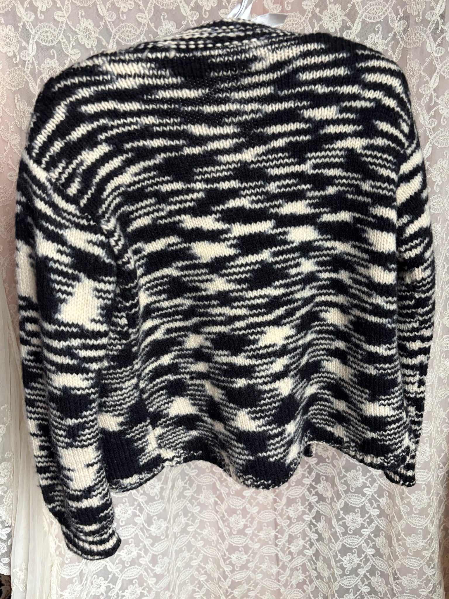 1960s Black Cream Space Dye Wool Knit Cardigan Sweater