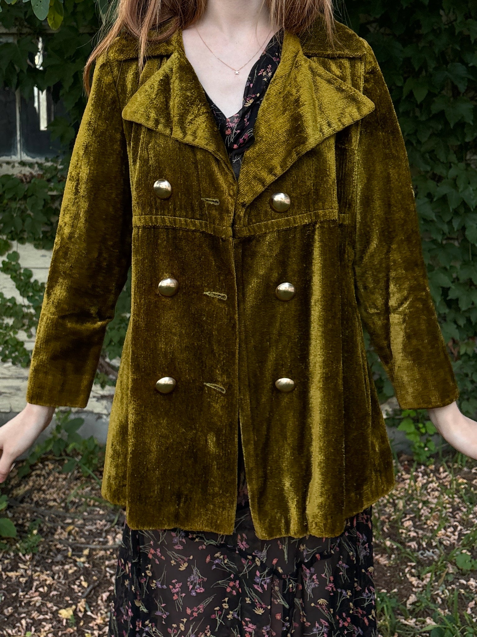 1970s Green Velvet Coat Double Breasted Gold Buttons