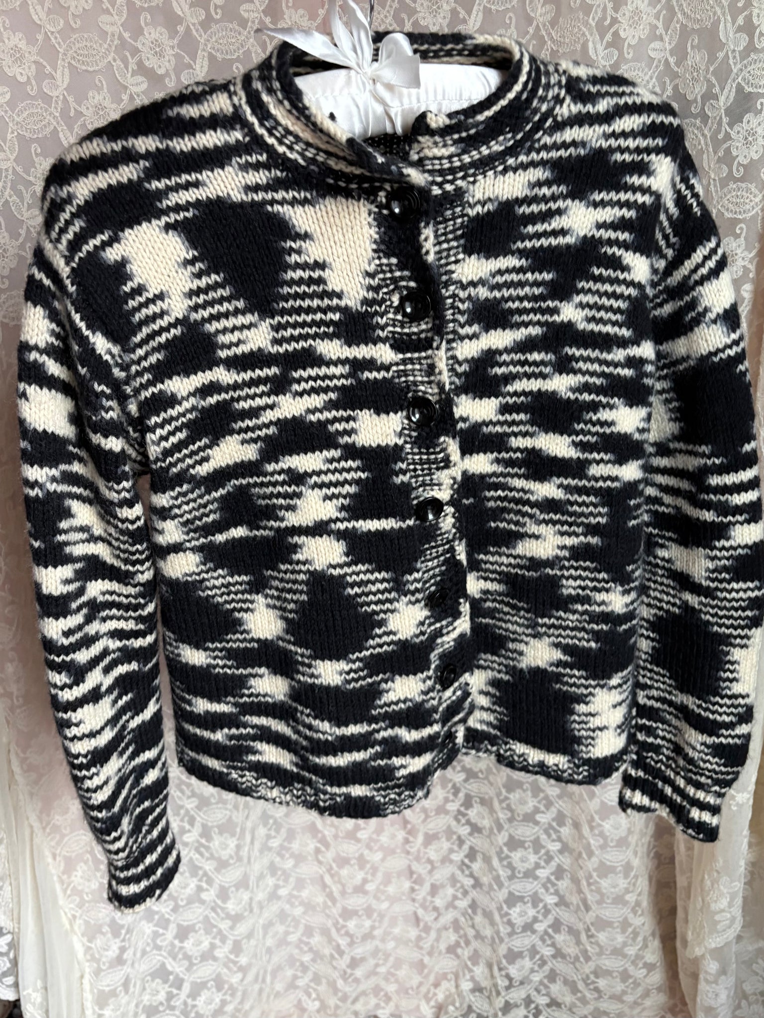 1960s Black Cream Space Dye Wool Knit Cardigan Sweater