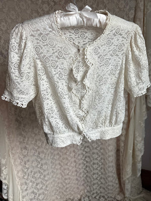 1930s Lace White Blouse Puff Sleeves