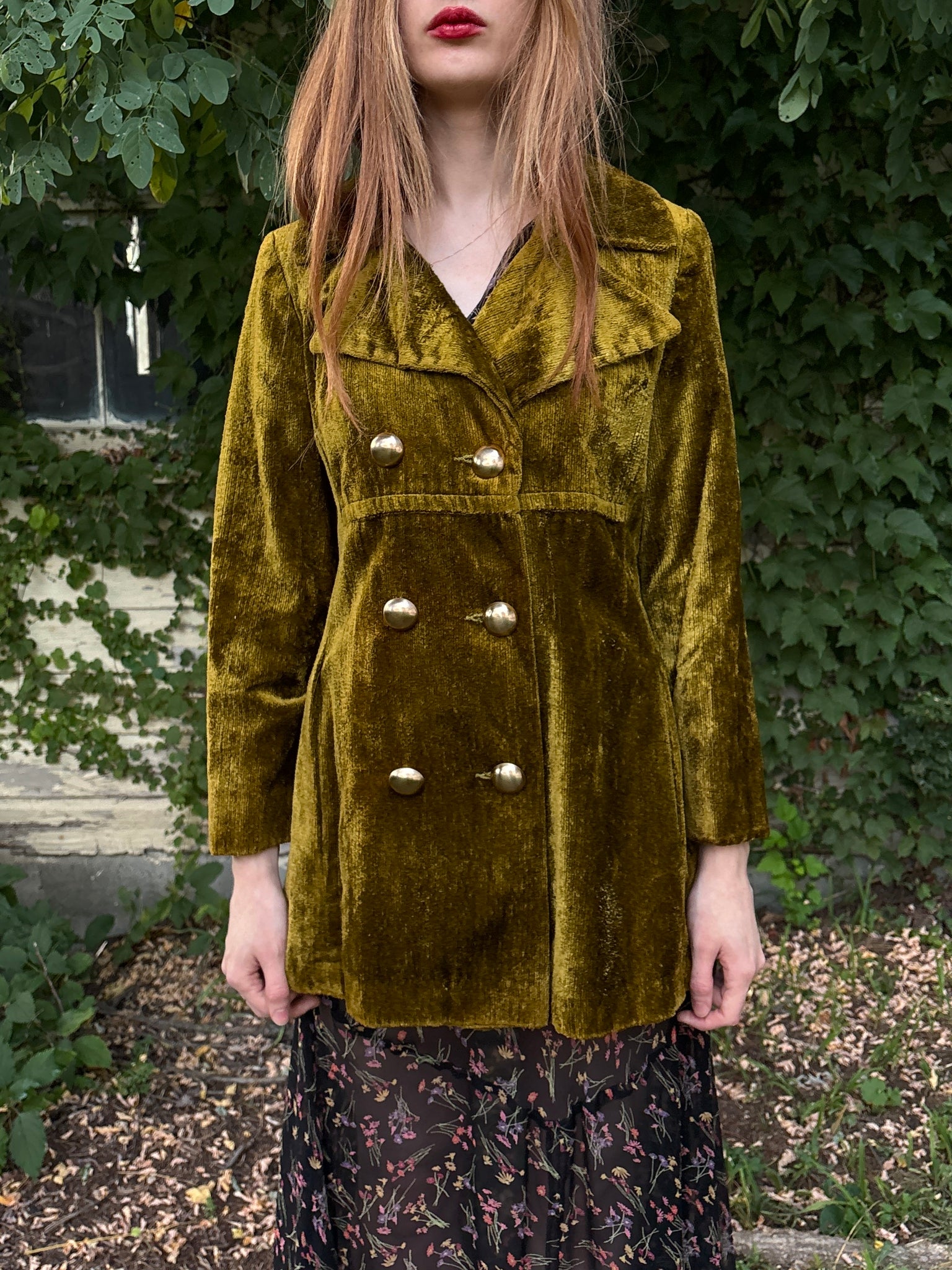 1970s Green Velvet Coat Double Breasted Gold Buttons