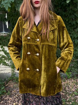 1970s Green Velvet Coat Double Breasted Gold Buttons