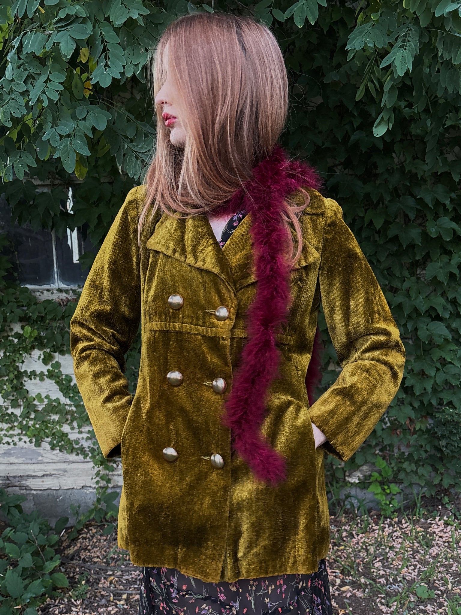 1970s Green Velvet Coat Double Breasted Gold Buttons