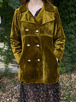 1970s Green Velvet Coat Double Breasted Gold Buttons