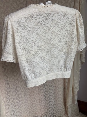 1930s Lace White Blouse Puff Sleeves