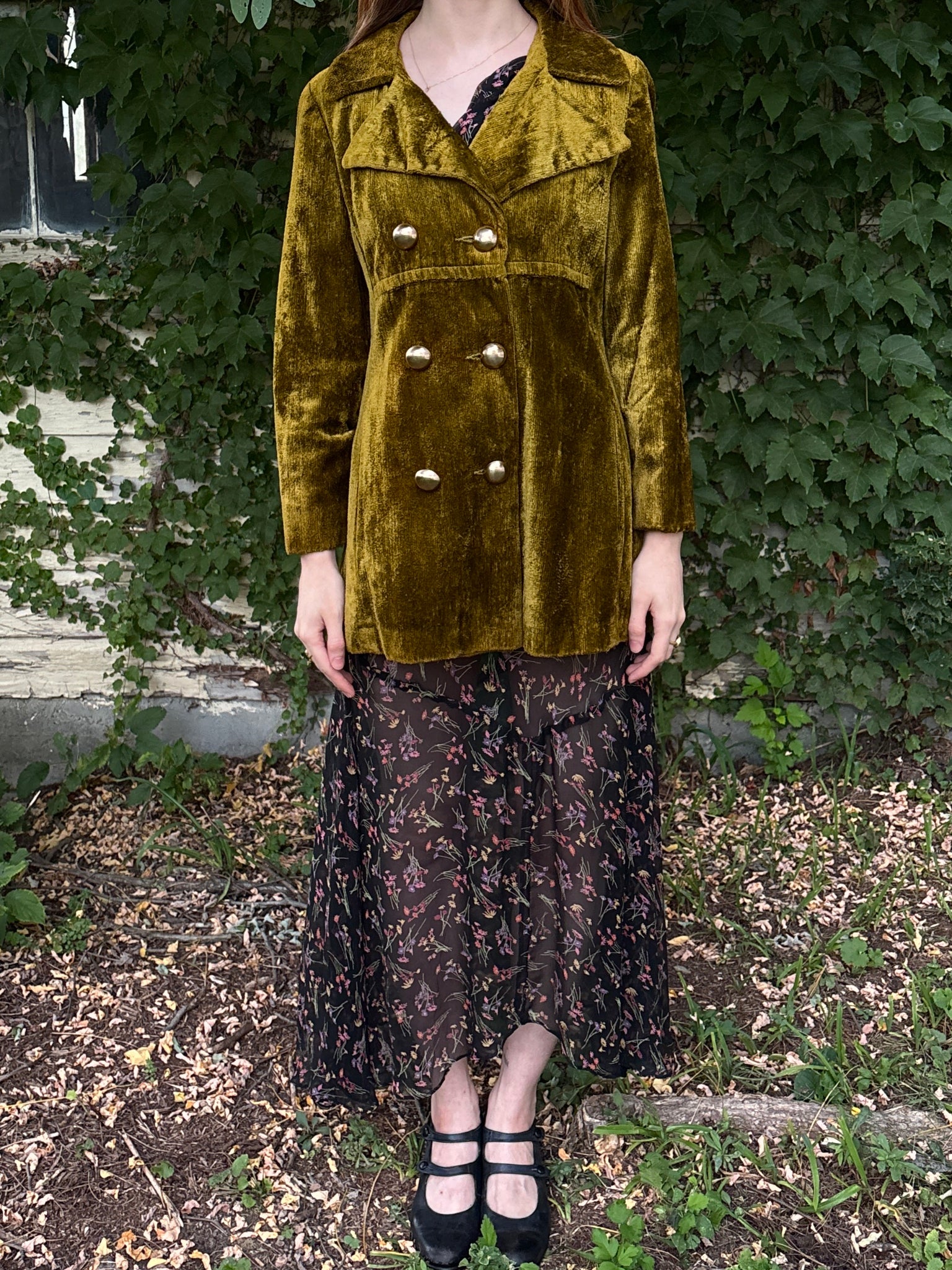 1970s Green Velvet Coat Double Breasted Gold Buttons