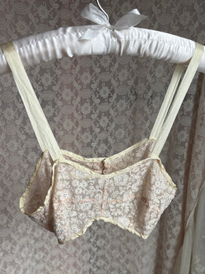 1930s Cream Mesh Floral Tambour Lace Bra Bralette Ribbon