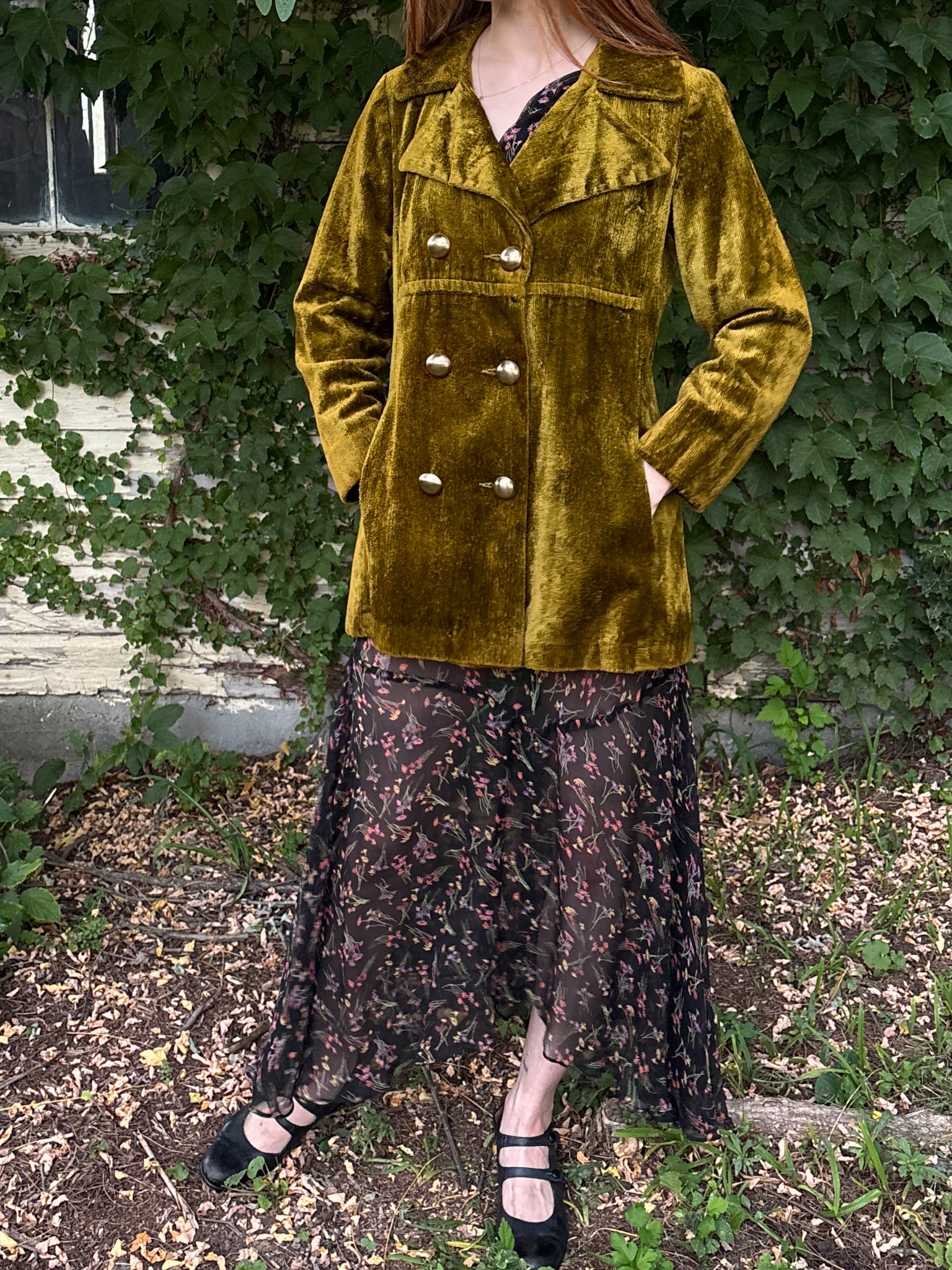 1970s Green Velvet Coat Double Breasted Gold Buttons