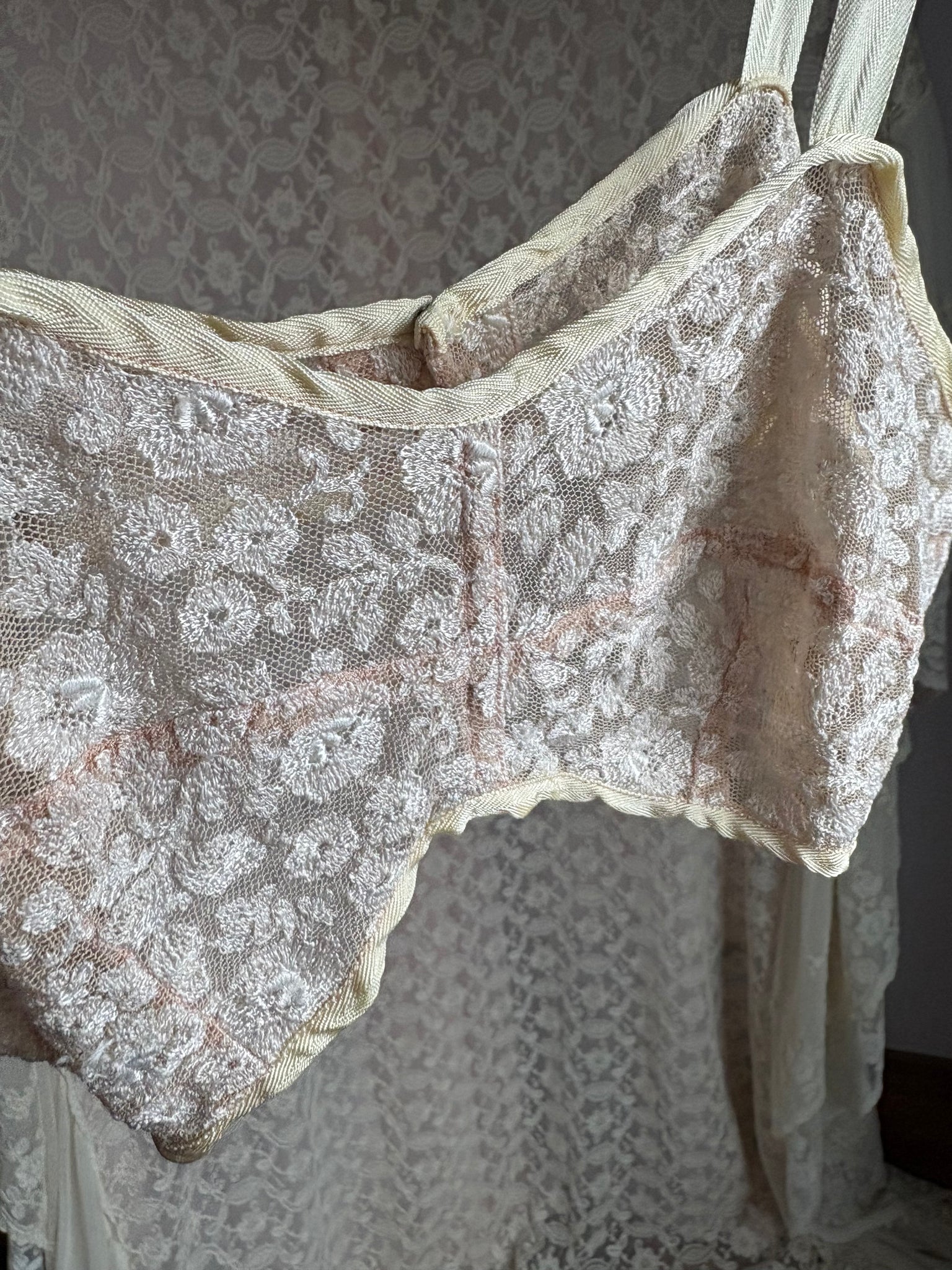 1930s Cream Mesh Floral Tambour Lace Bra Bralette Ribbon