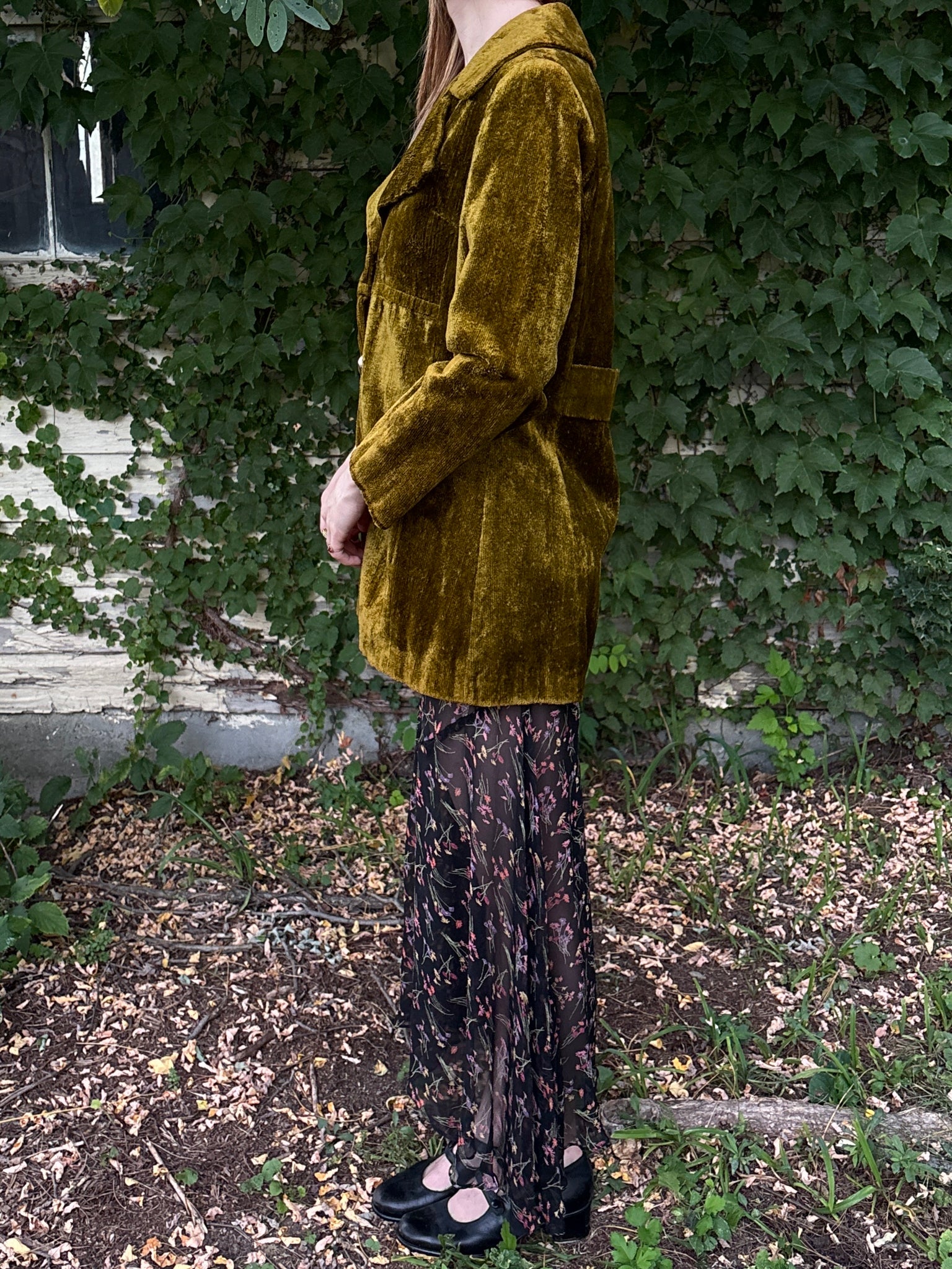 1970s Green Velvet Coat Double Breasted Gold Buttons