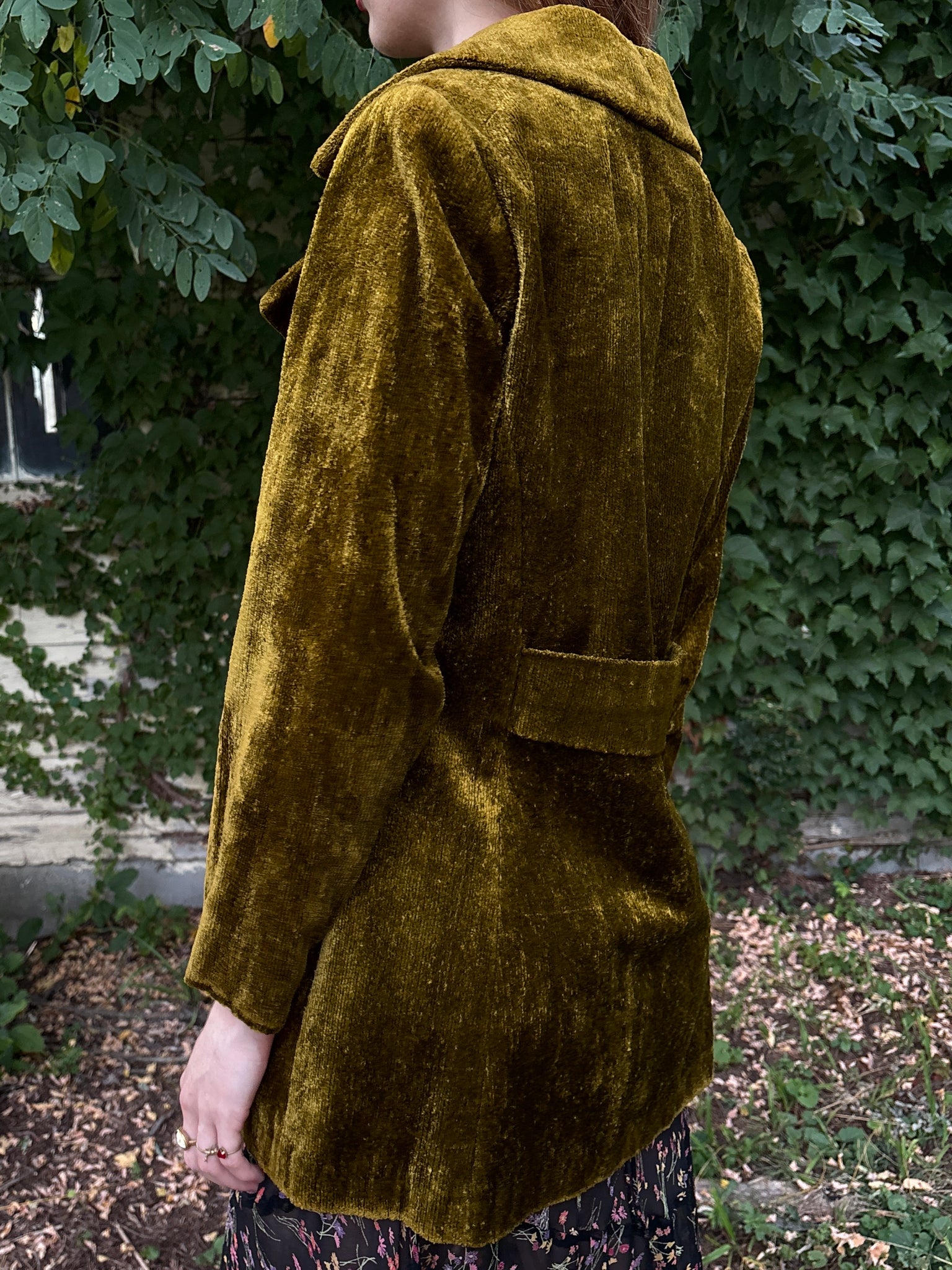 1970s Green Velvet Coat Double Breasted Gold Buttons