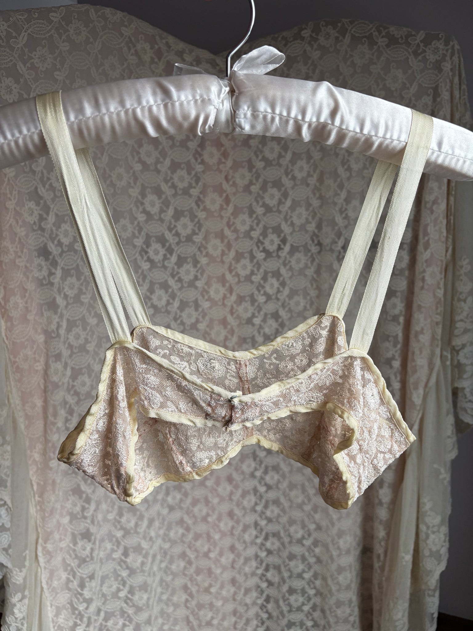 1930s Cream Mesh Floral Tambour Lace Bra Bralette Ribbon